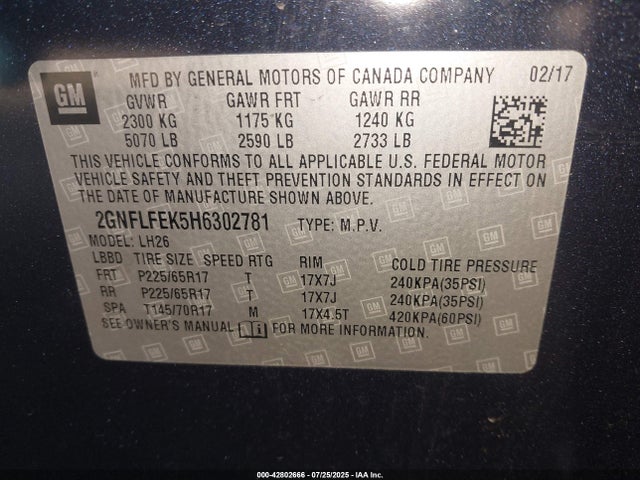 2GNFLFEK5H6302781 Chevrolet lea - sidi: spark ignited direct injection, e85 max, alum