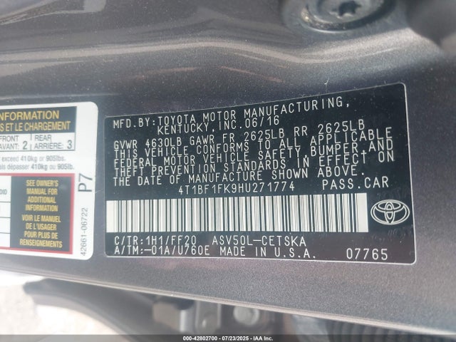 4T1BF1FK9HU271774 Toyota 2ar-fe