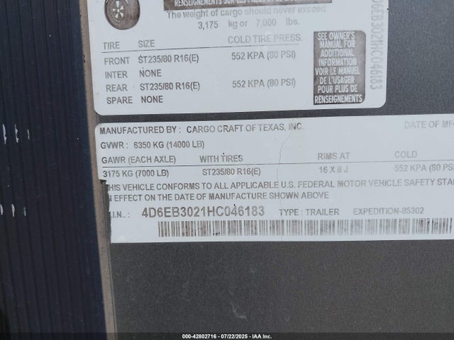 4D6EB3021HC046183 Cargo Craft 2017