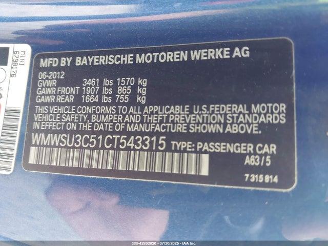 2012 MINI COOPER HARDTOP WMWSU3C51CT543315 Photo 8