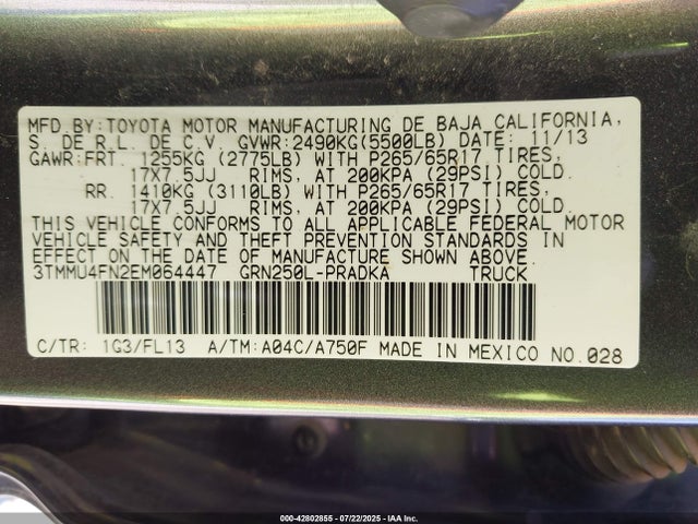 3TMMU4FN2EM064447 Toyota 1gr-fe