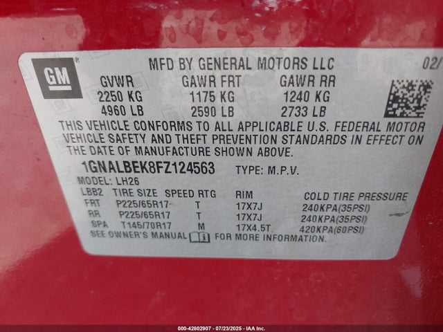 1GNALBEK8FZ124563 Chevrolet lea - flex fuel (gas/alc), aluminum, ho,