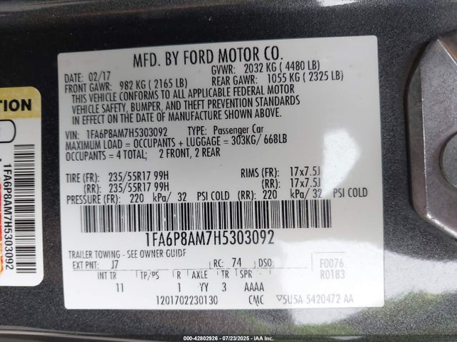 1FA6P8AM7H5303092 Ford 3.7l 4v