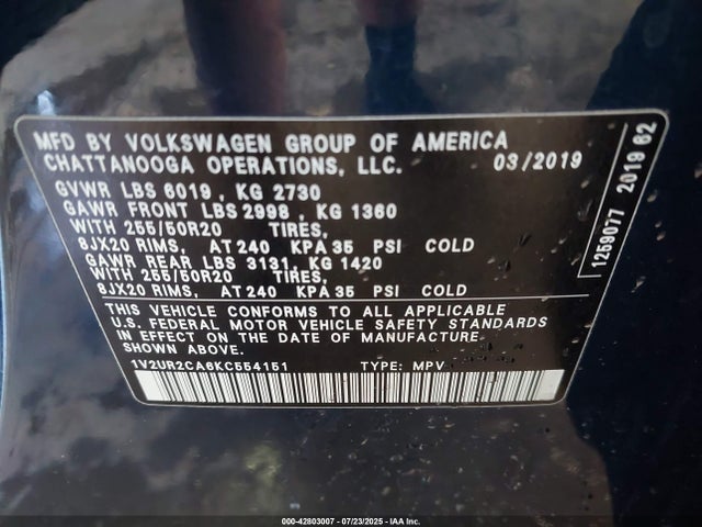 Volkswagen Atlas 2019 1V2UR2CA6KC554151 Image 9