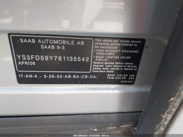 2006 SAAB 9-3 YS3FD59Y761135542 Photo 8