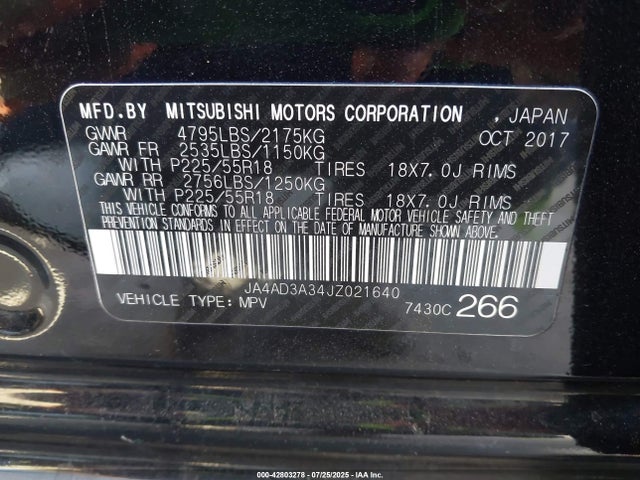Mitsubishi mivec 2018 JA4AD3A34JZ021640 Image 9