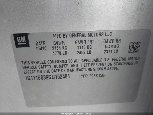 1G1115S39GU162484 Chevrolet lfx - sidi, vvt, e85 max, alum gm