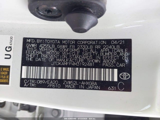 JTDKAMFP4M3192481 Toyota 2zr-fxe, 1nm+1sm