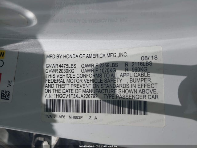 1HGCV1F3XJA226792 Honda l15be