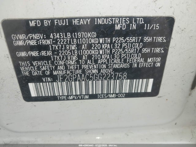 JF2GPAAC5GG223758 Subaru naturally aspirated
