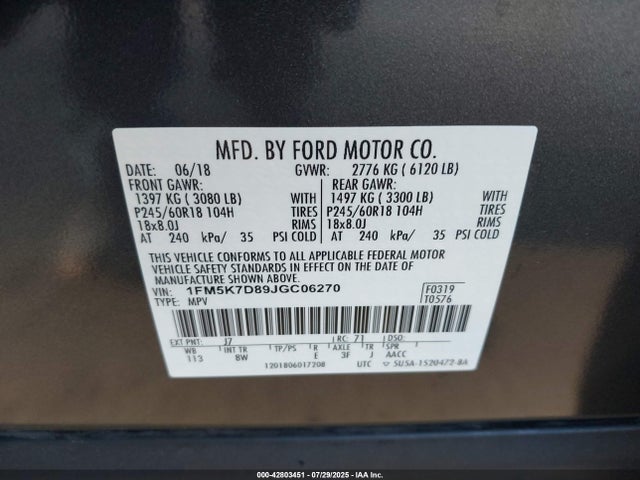 1FM5K7D89JGC06270 Ford 3.5l ti-vct