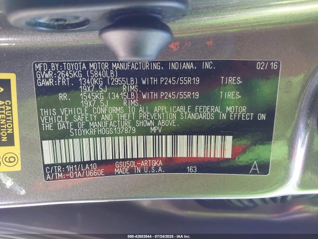 5TDYKRFH0GS137879 Toyota 2gr-fe