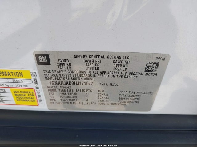 1GNKRJKD8HJ171077 Chevrolet llt - sidi: spark ignited direct injection, alum, 60 degrees