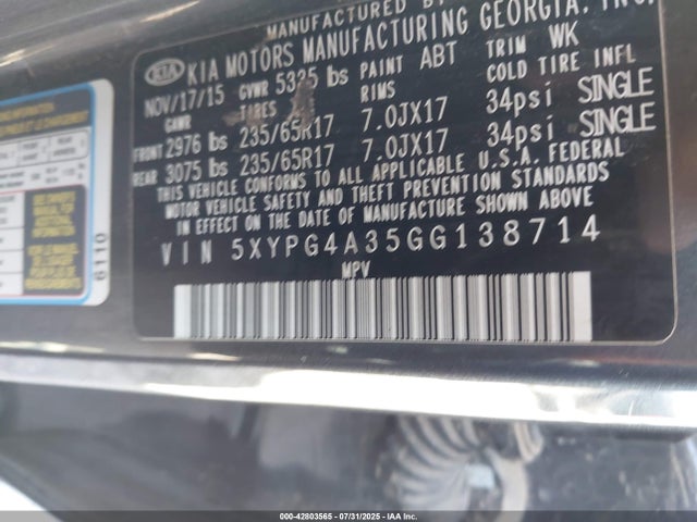 5XYPG4A35GG138714 KIA dohc gdi theta ii