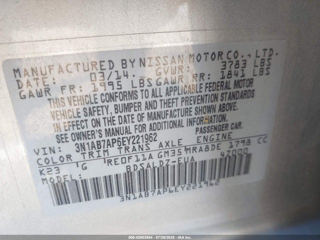 3N1AB7AP6EY221962 Nissan 2014