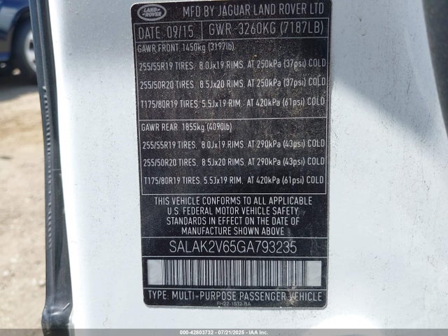 Land Rover s/c lev2 ulev 2016 SALAK2V65GA793235 Image 9