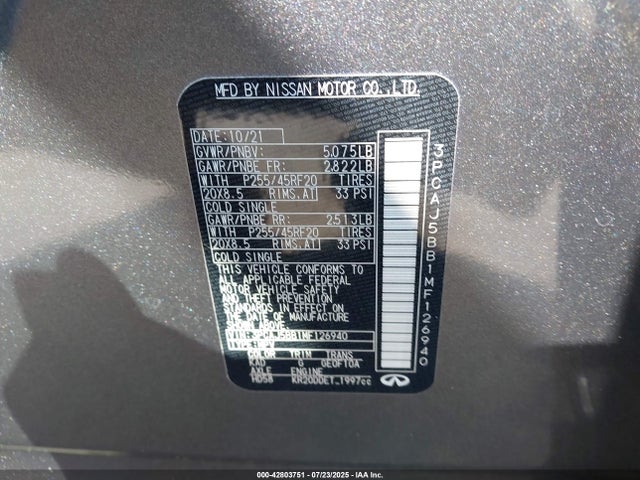 Продажа на аукционе авто 2021 Infiniti Qx50 Luxe Awd, vin: 3PCAJ5BB1MF126940, номер лота: 42803751