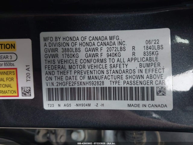 Honda k20c2 2022 2HGFE2F5XNH592828 Image 9