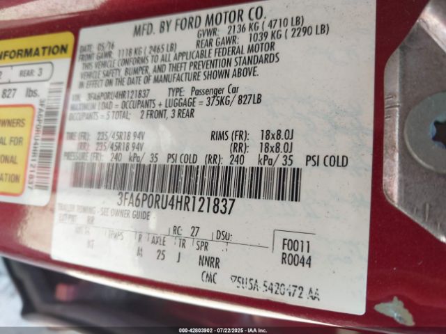 2017 FORD FUSION HYBRID 3FA6P0RU4HR121837 Photo 8