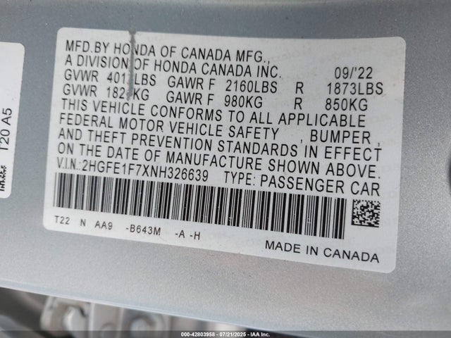 Honda l15by 2022 2HGFE1F7XNH326639 Image 9
