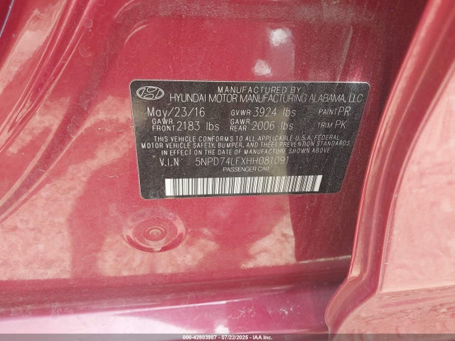 Hyundai 2017 2017 5NPD74LFXHH081091 Image 9