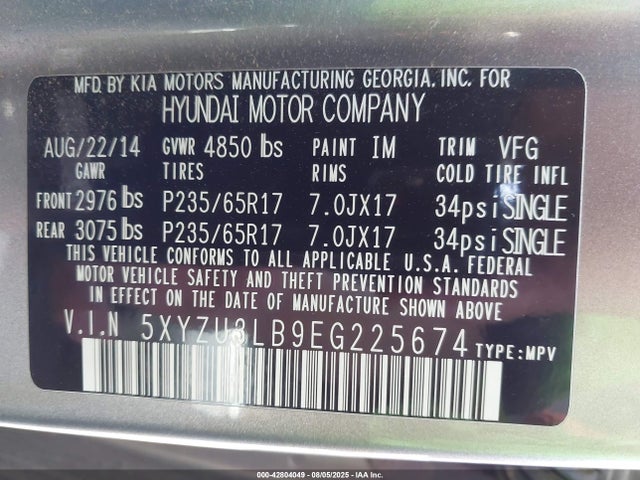 5XYZU3LB9EG225674 Hyundai gdi theta