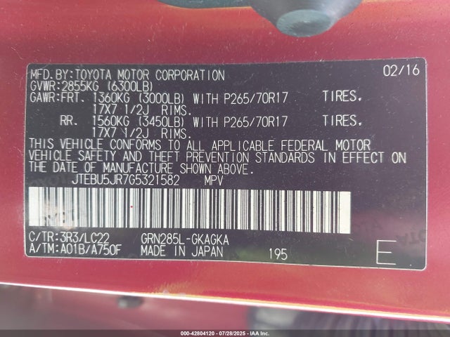 JTEBU5JR7G5321582 Toyota 1gr-fe
