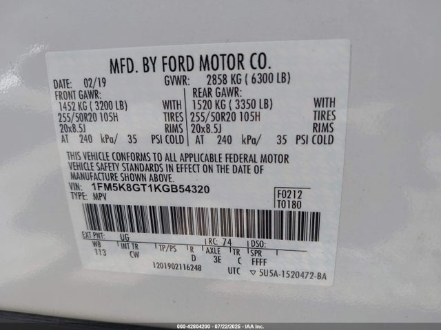 1FM5K8GT1KGB54320 Ford 3.5l gtdi