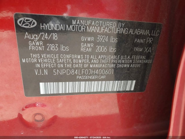 42804271 :رقم المزاد ، 5NPD84LF0JH400601 vin ، 2018 Hyundai Elantra Sel مزاد بيع