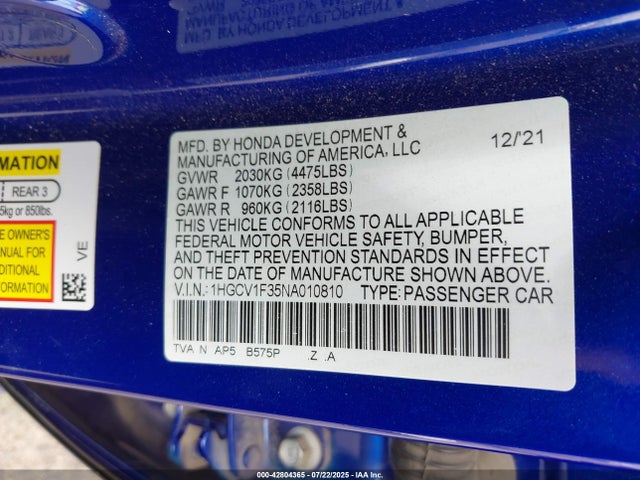 1HGCV1F35NA010810 Honda l15be