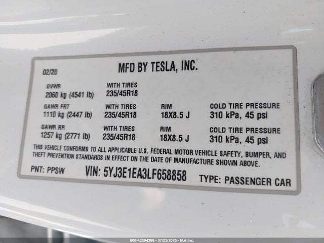 2020 TESLA MODEL 3 5YJ3E1EA3LF658858 Photo 8