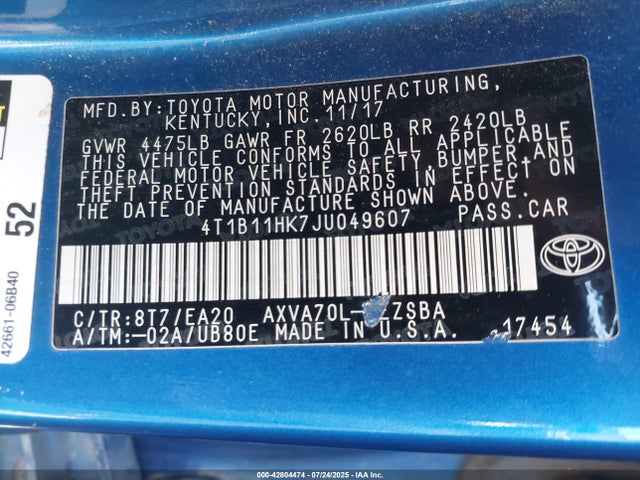 4T1B11HK7JU049607 Toyota a25a-fks