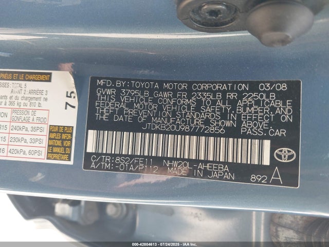 42804613 :رقم المزاد ، JTDKB20U987772856 vin ، 2008 Toyota Prius مزاد بيع