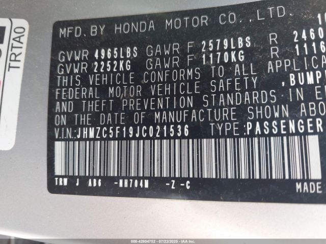 2018 HONDA CLARITY PLUG-IN HYBRID JHMZC5F19JC021536 Photo 8
