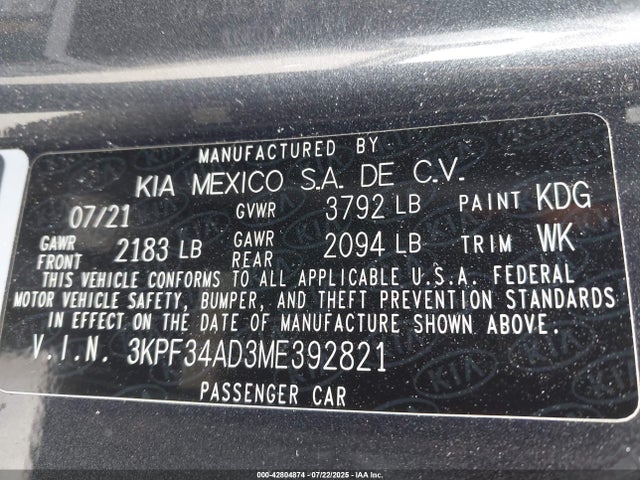 3KPF34AD3ME392821 KIA mpi nu