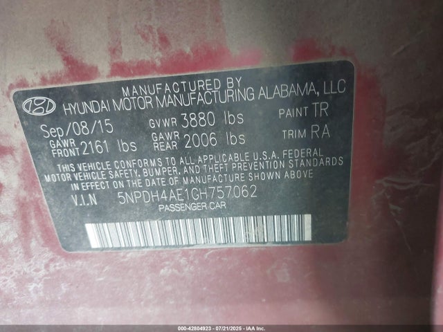 Hyundai dohc mpi nu 2016 5NPDH4AE1GH757062 Image 9