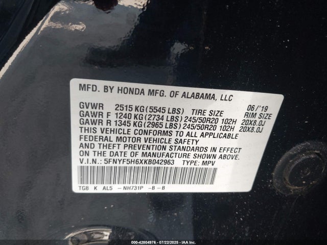 Honda j35y6 2019 5FNYF5H6XKB042963 Image 9
