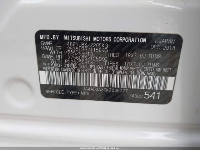 2019 MITSUBISHI OUTLANDER JA4AD3A30KZ035777 Photo 8