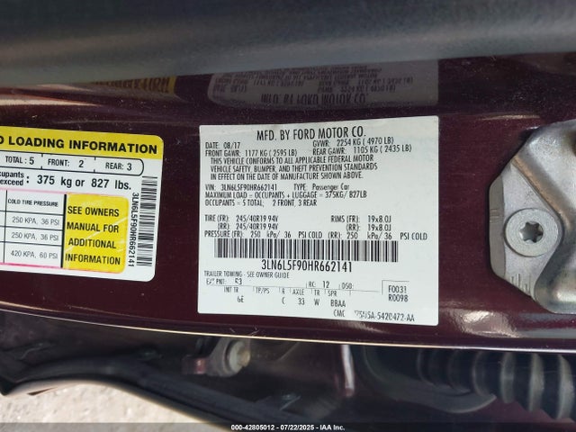 3LN6L5F90HR662141 Lincoln 2.0l gtdi high w/premium fuel