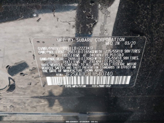 JF2SKAUC3LH540740 Subaru naturally aspirated u5