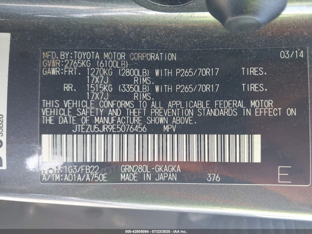 JTEZU5JR9E5076456 Toyota 1gr-fe