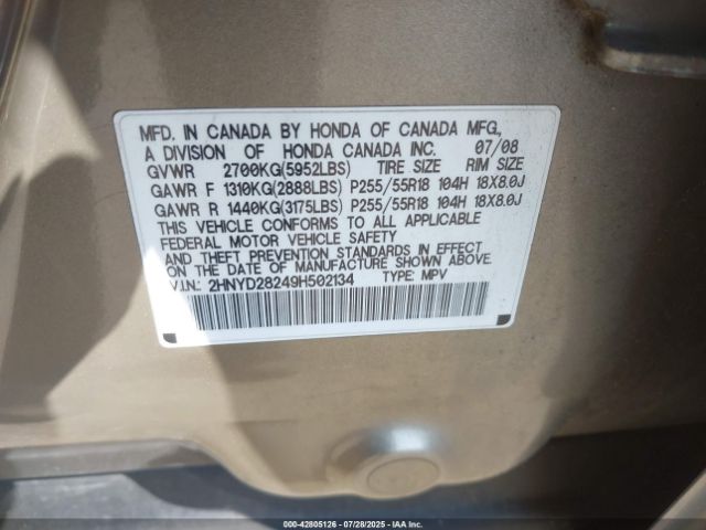 2009 ACURA MDX 2HNYD28249H502134 Photo 8