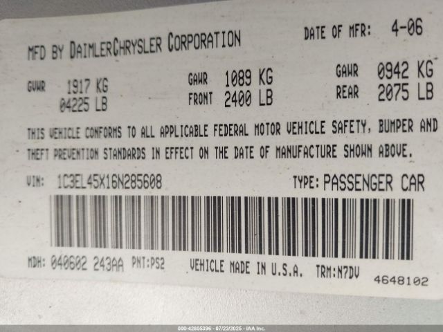 2006 CHRYSLER SEBRING 1C3EL45X16N285608 Photo 8