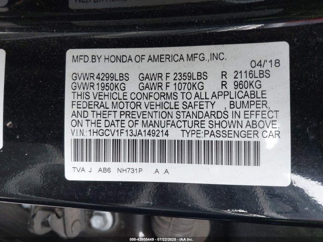 1HGCV1F13JA149214 Honda l15be