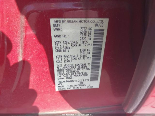 2010 NISSAN PATHFINDER 5N1AR1NN8AC621129 Photo 8
