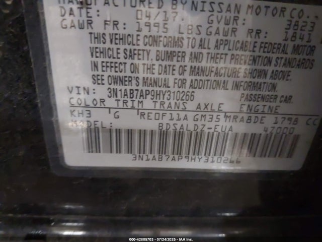 3N1AB7AP9HY310266 Nissan SENTRA SV