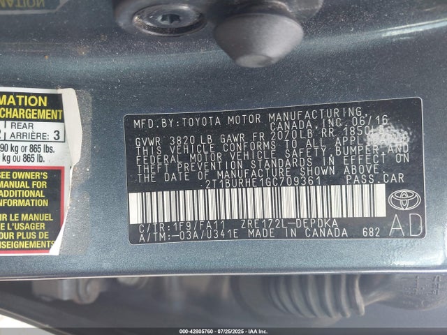 2T1BURHE1GC709361 Toyota 2zr-fe