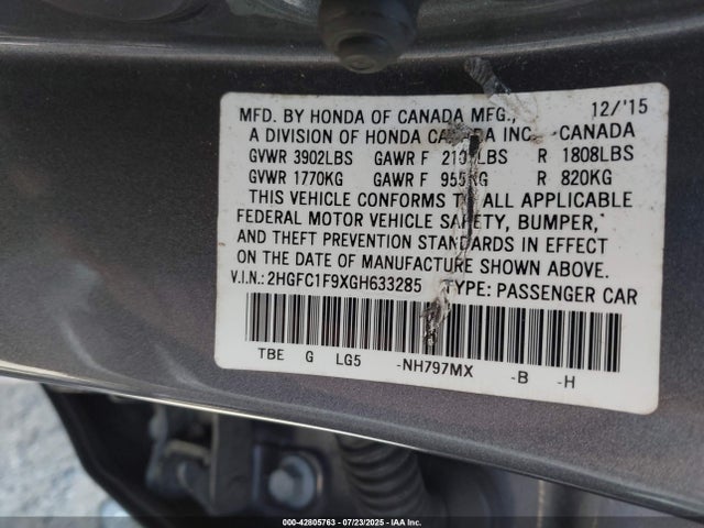 2HGFC1F9XGH633285 Honda l15b7