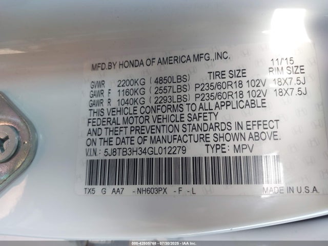 Acura j35z2 2016 5J8TB3H34GL012279 Image 9