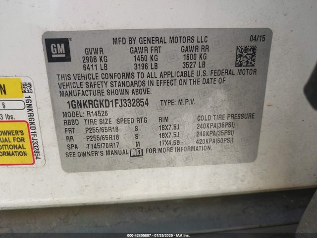 1GNKRGKD1FJ332854 Chevrolet llt